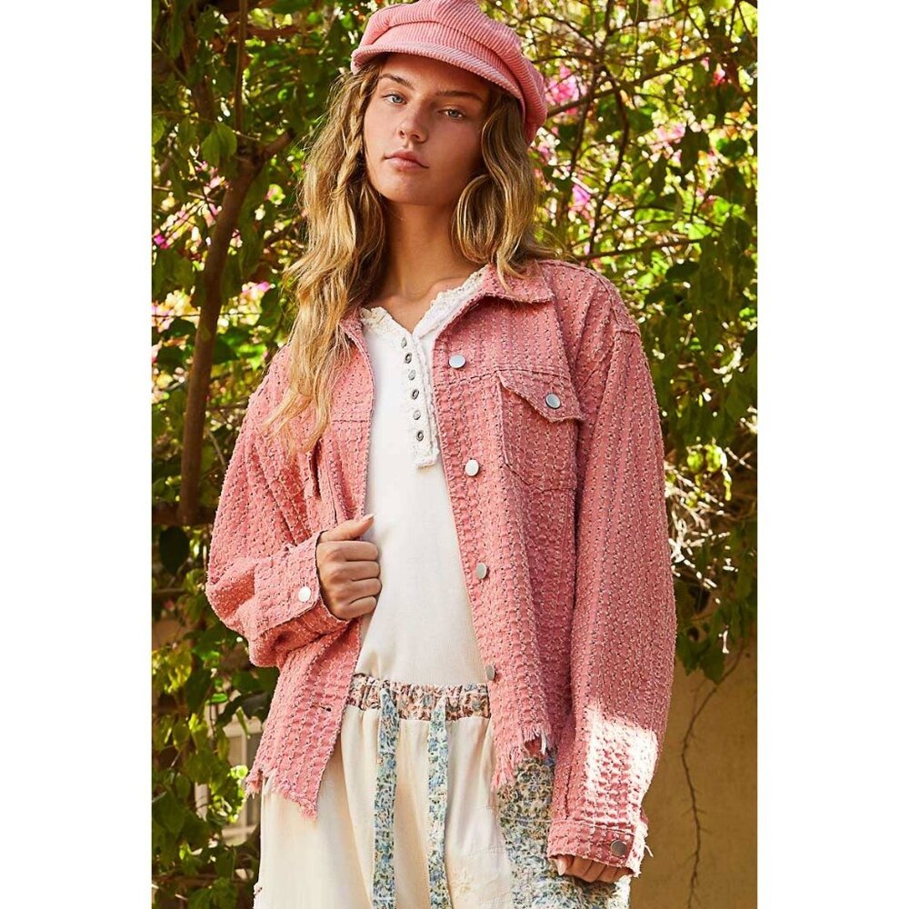 NWT POL Pink Vintage Washed Textured Woven Twill Jacket Raw Edge Size Small